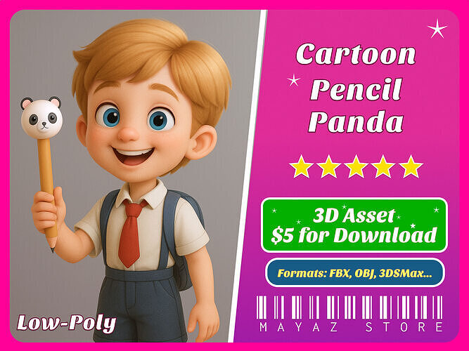 Pencil Panda school supplies  Low-poly 3D model