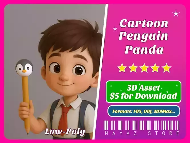 Pencil Penguin school supplies Low-poly 3D model