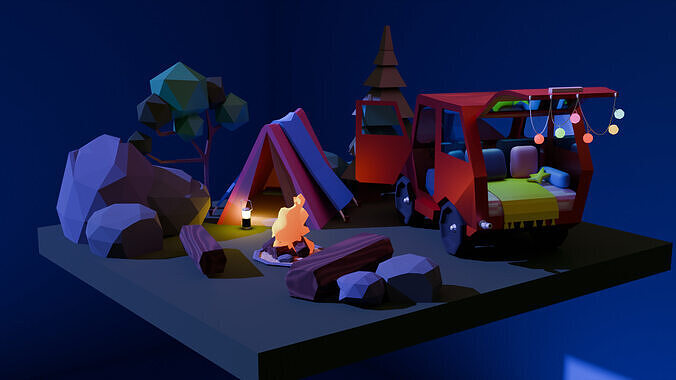 isometric  campsite lowpoly model Low-poly 3D model