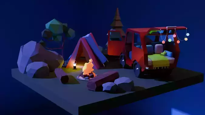 isometric  campsite lowpoly model