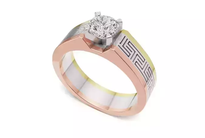 Tri-Color Solitaire Mens Engagement Greek Key Style Ring 3D print model