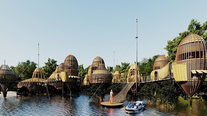 Futuristic Eco Resort in Mangrove Forest - Vray 3D Scene  Low-poly 3D model