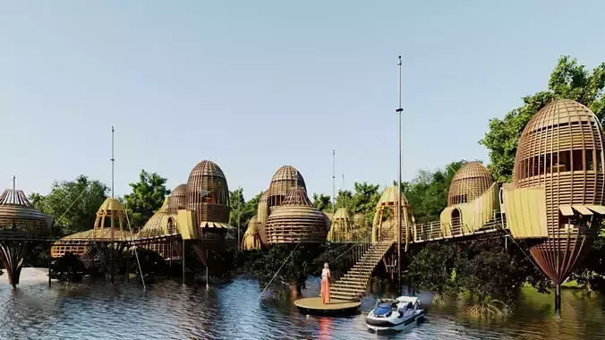 Futuristic Eco Resort in Mangrove Forest - Vray 3D Scene  Low-poly 3D model Futuristic Eco Resort in Mangrove Forest - Vray 3D Scene  Low-poly 3D model