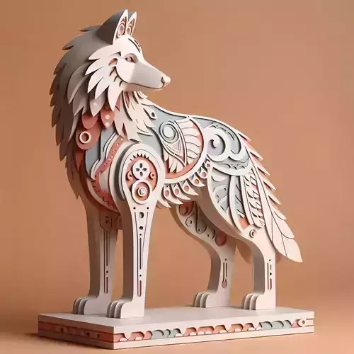 1102Color 3D Model of a Totem Style Wolf on a Pedestal