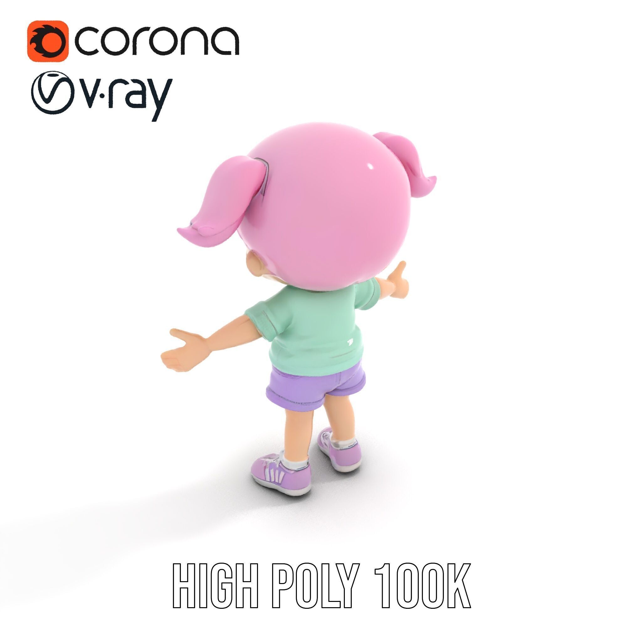 Cute PinkHaired Child Character Model Rigged and Animated Low-poly 3D model_9