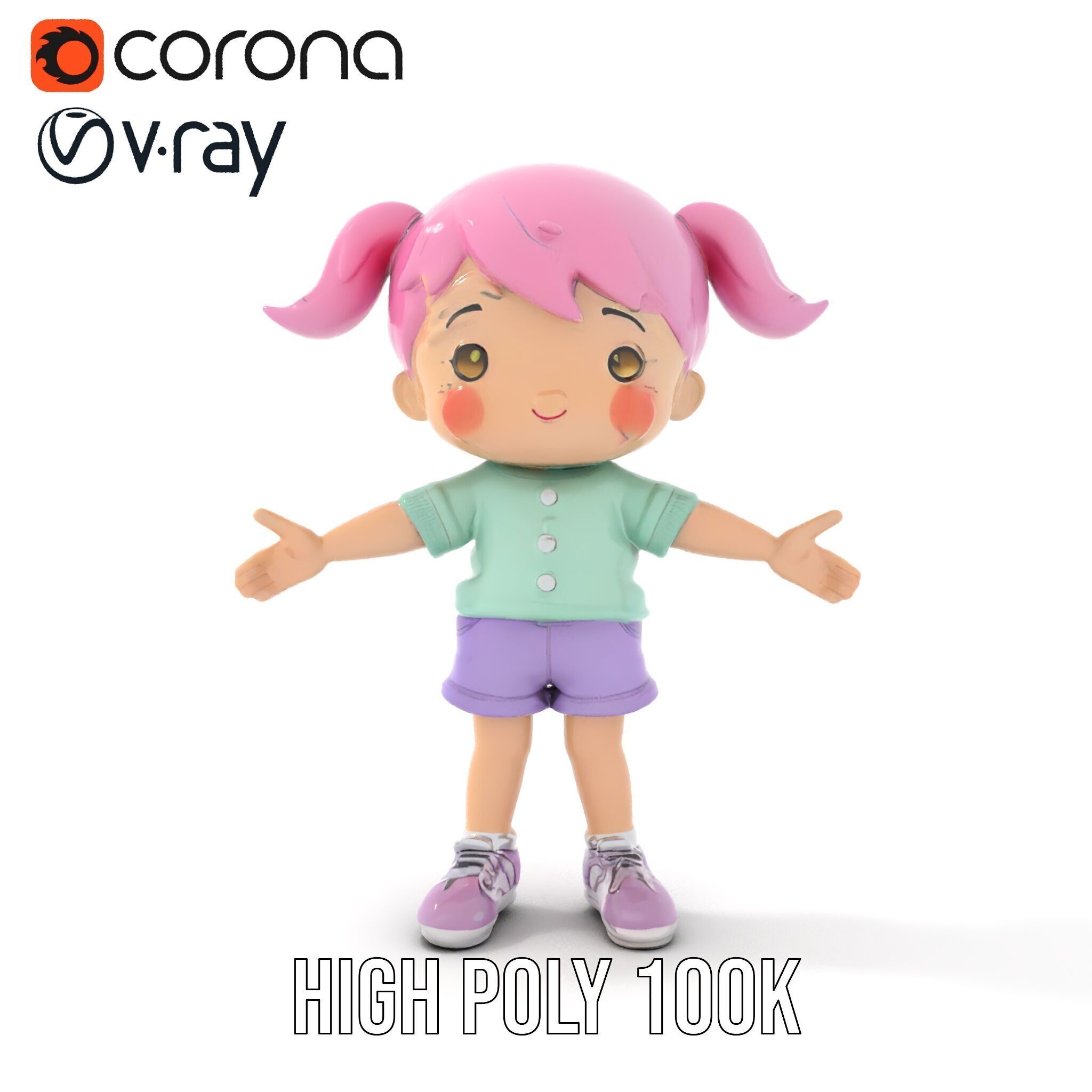 Cute PinkHaired Child Character Model Rigged and Animated Low-poly 3D model_15