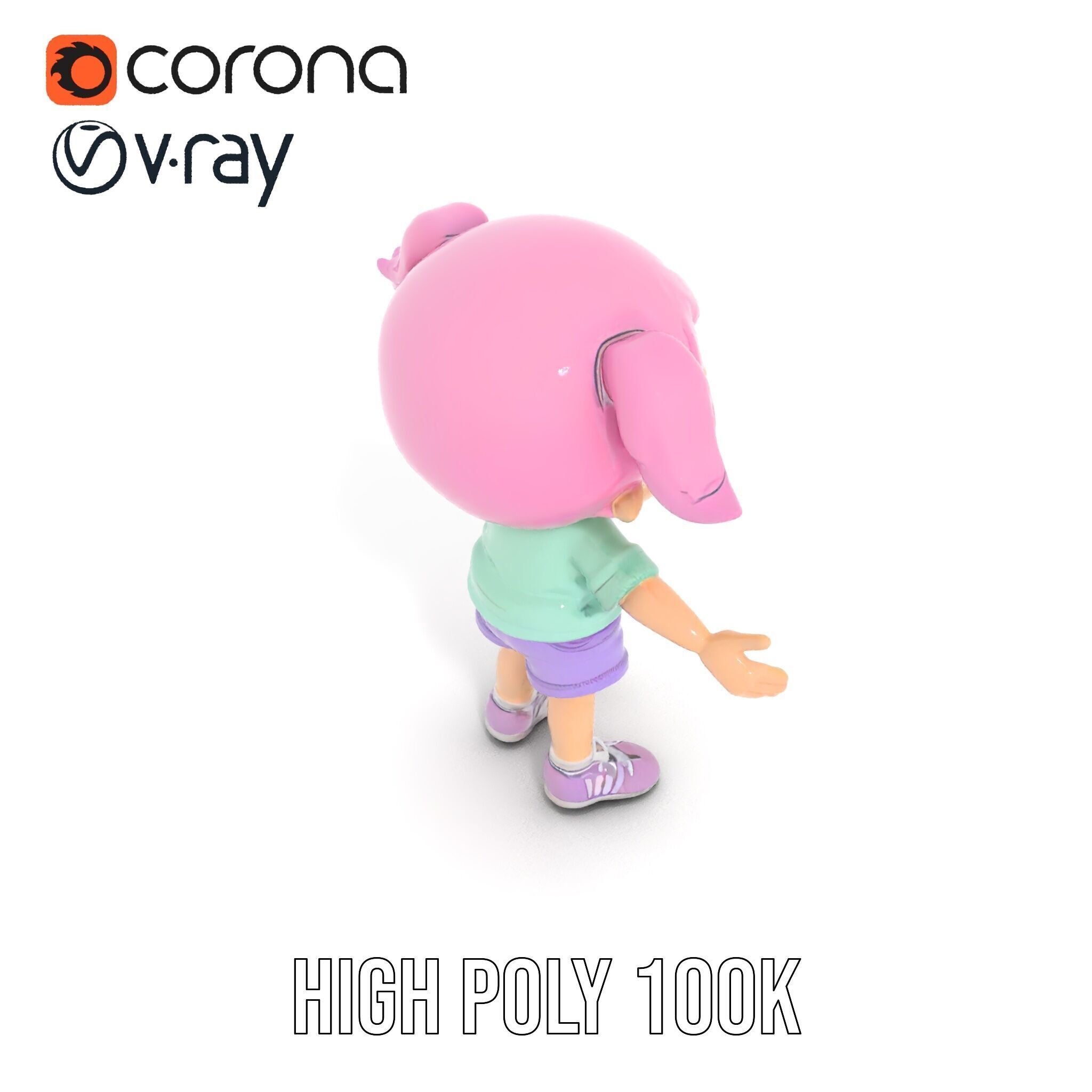Cute PinkHaired Child Character Model Rigged and Animated Low-poly 3D model_12
