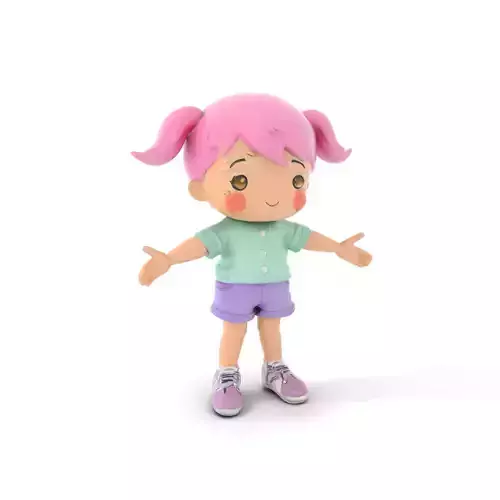 Cute PinkHaired Child Character Model  Rigged and Animated