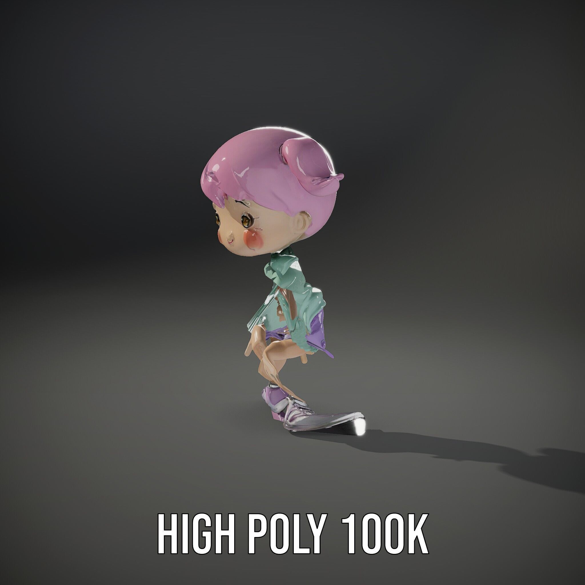 Cute PinkHaired Child Character Model Rigged and Animated Low-poly 3D model_34