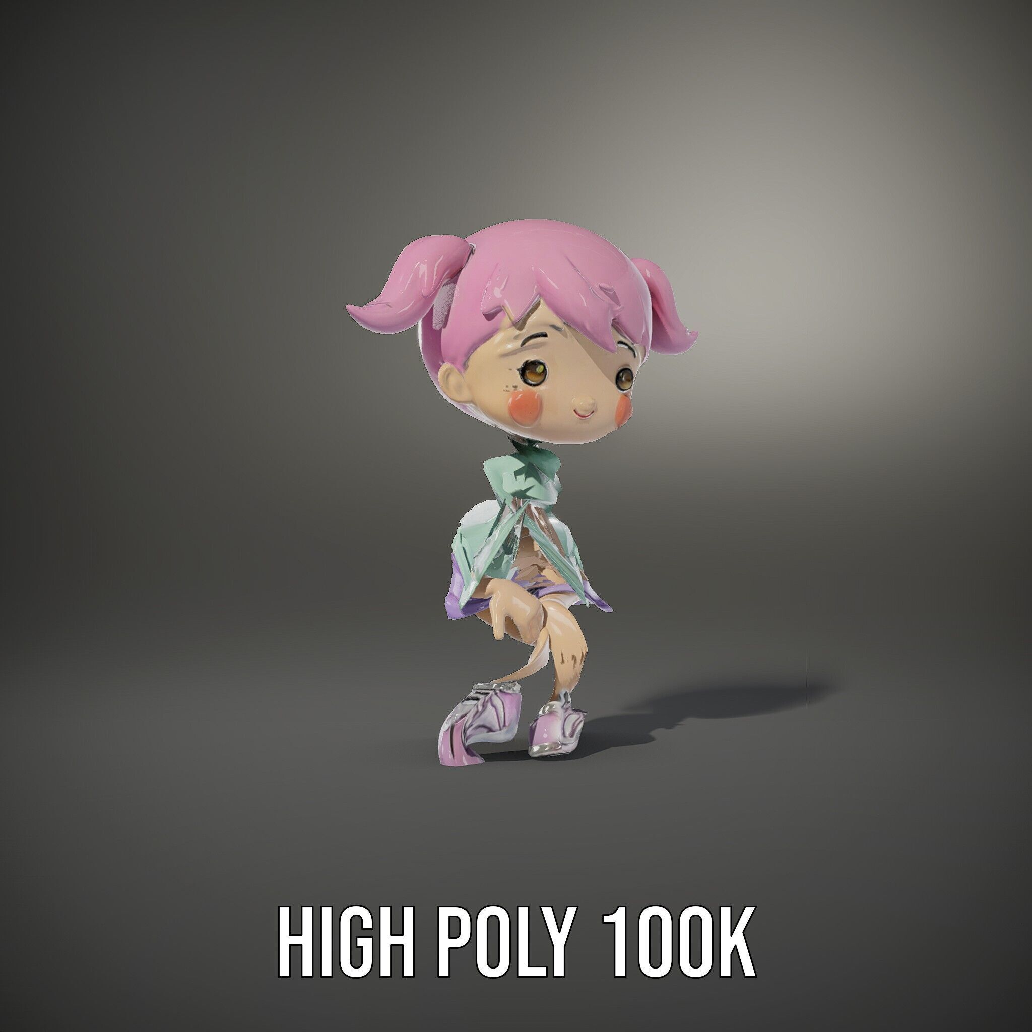 Cute PinkHaired Child Character Model Rigged and Animated Low-poly 3D model_36