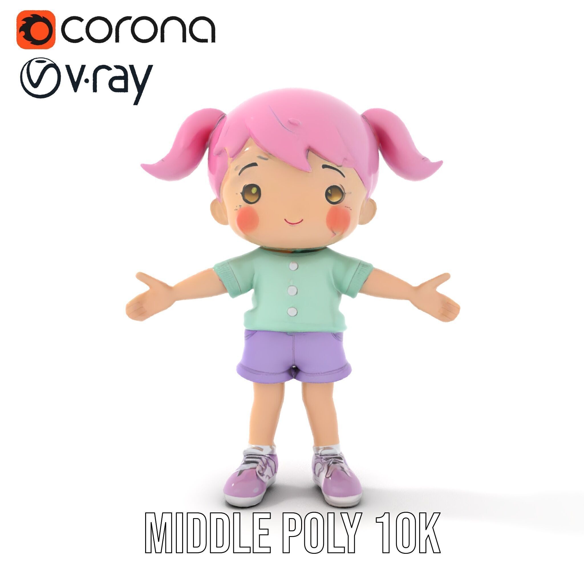 Cute PinkHaired Child Character Model Rigged and Animated Low-poly 3D model_21
