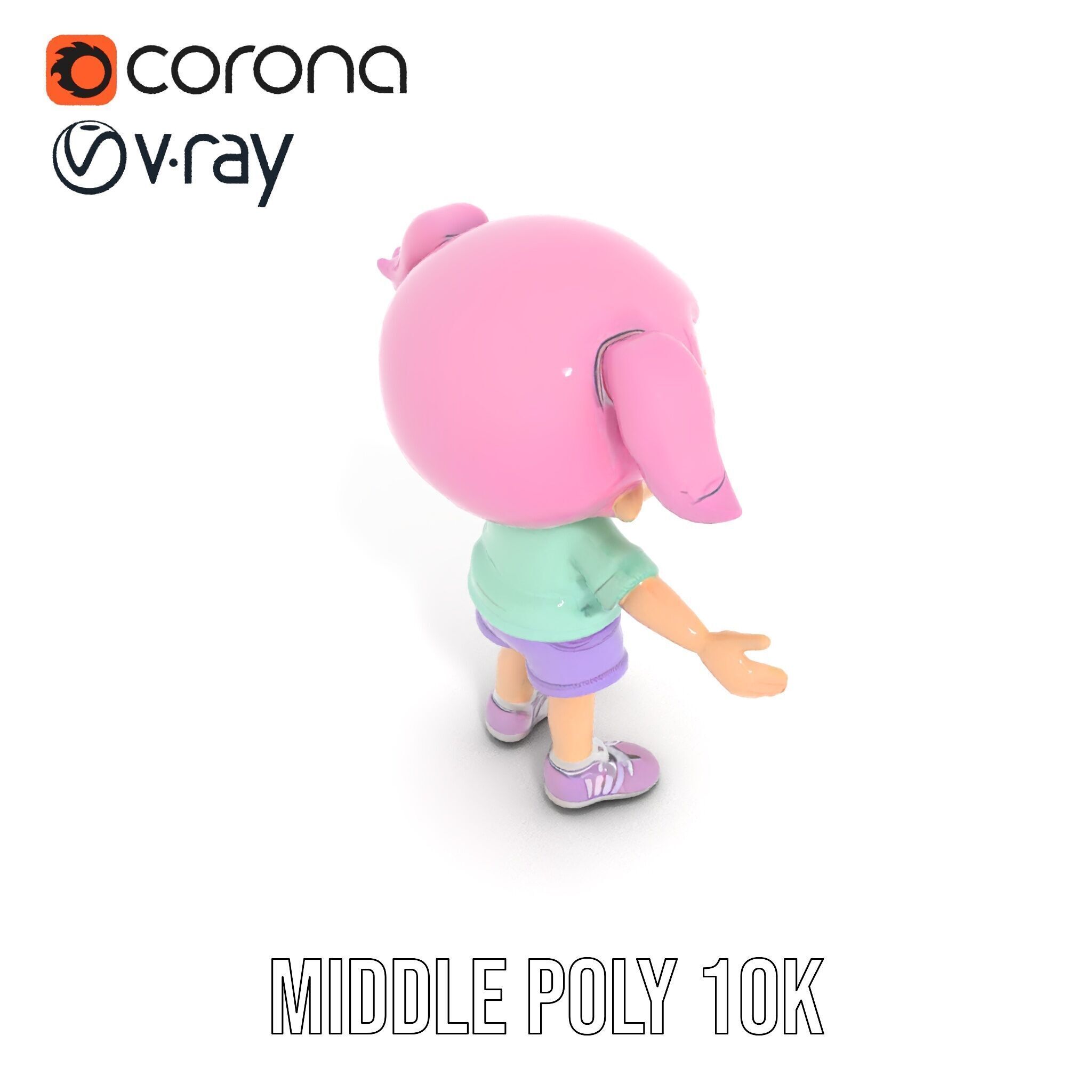 Cute PinkHaired Child Character Model Rigged and Animated Low-poly 3D model_13