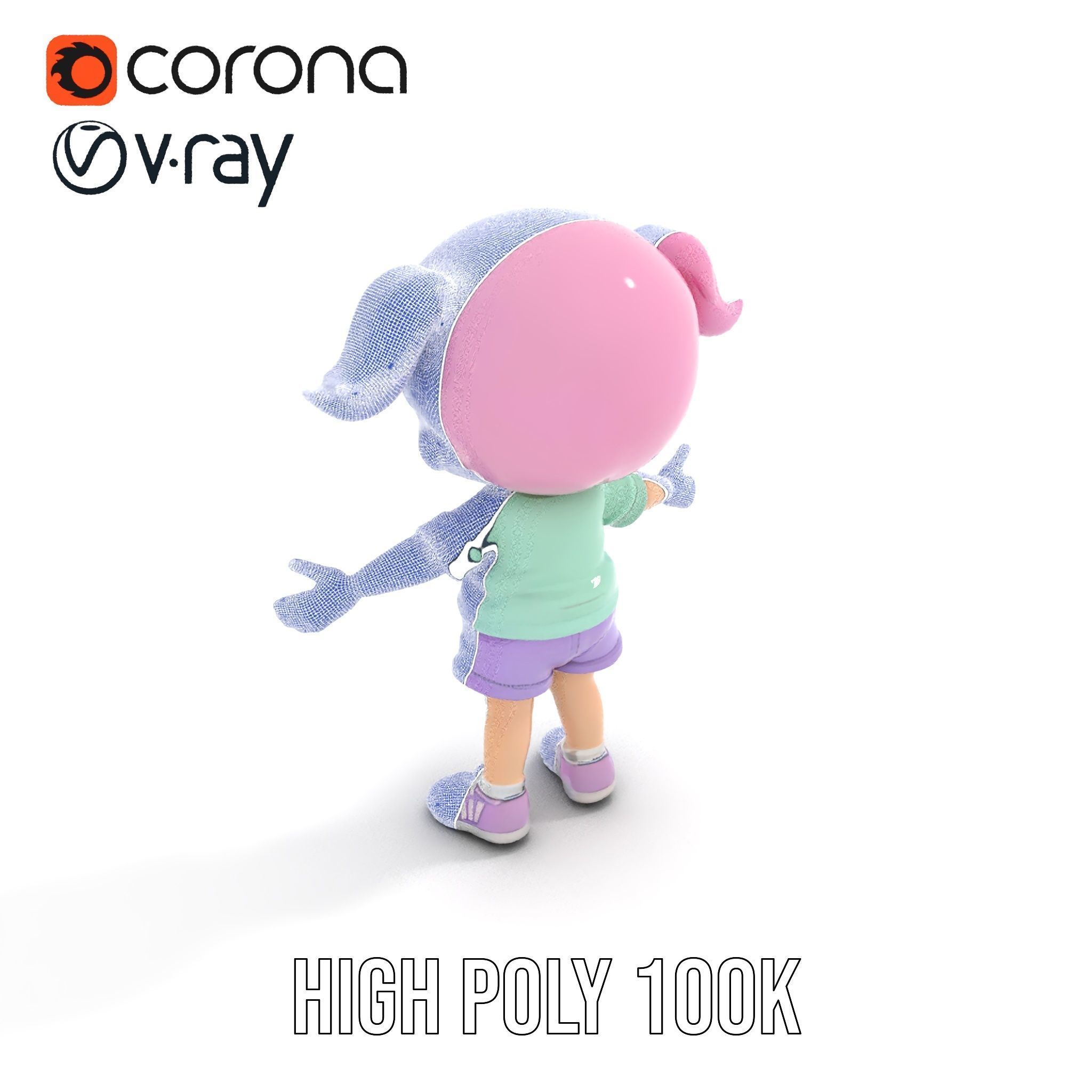 Cute PinkHaired Child Character Model Rigged and Animated Low-poly 3D model_23