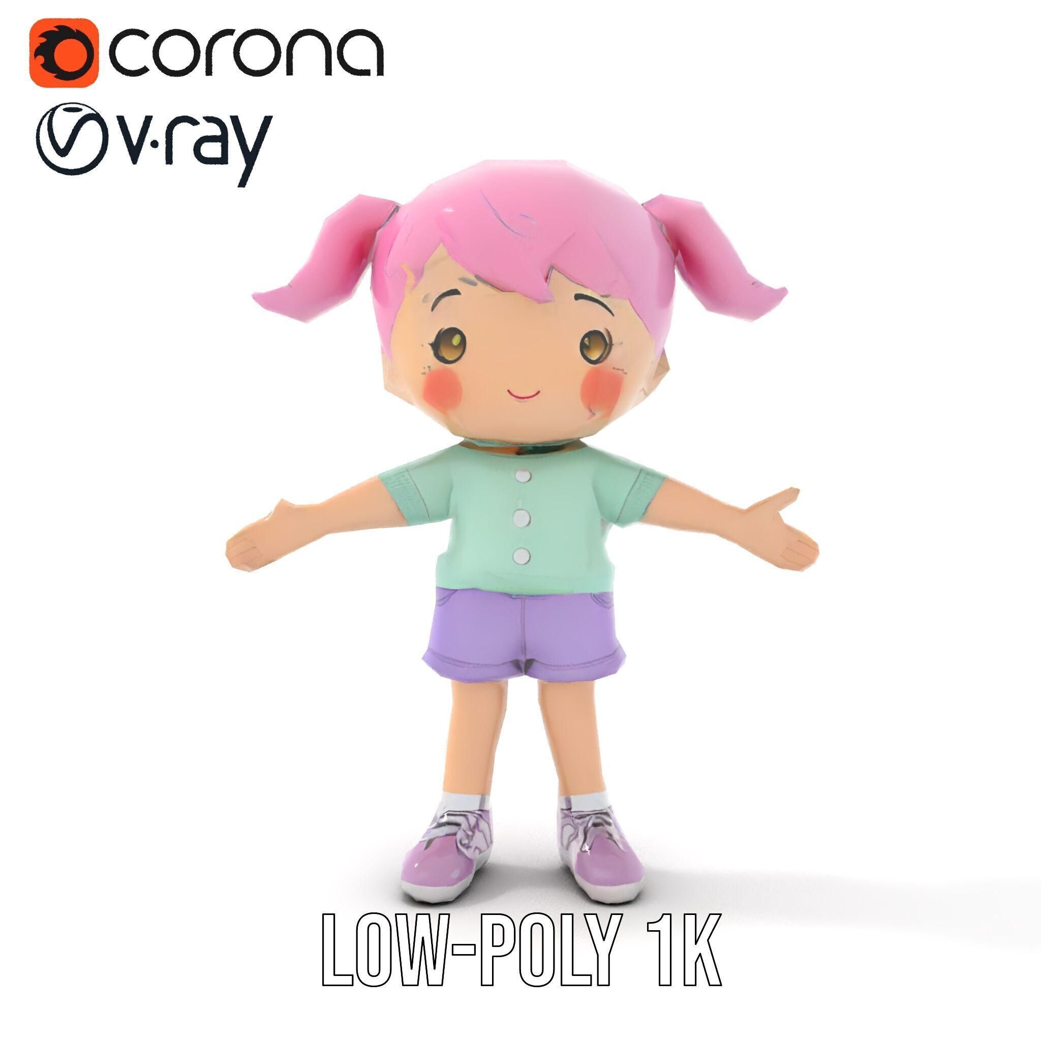 Cute PinkHaired Child Character Model Rigged and Animated Low-poly 3D model_28