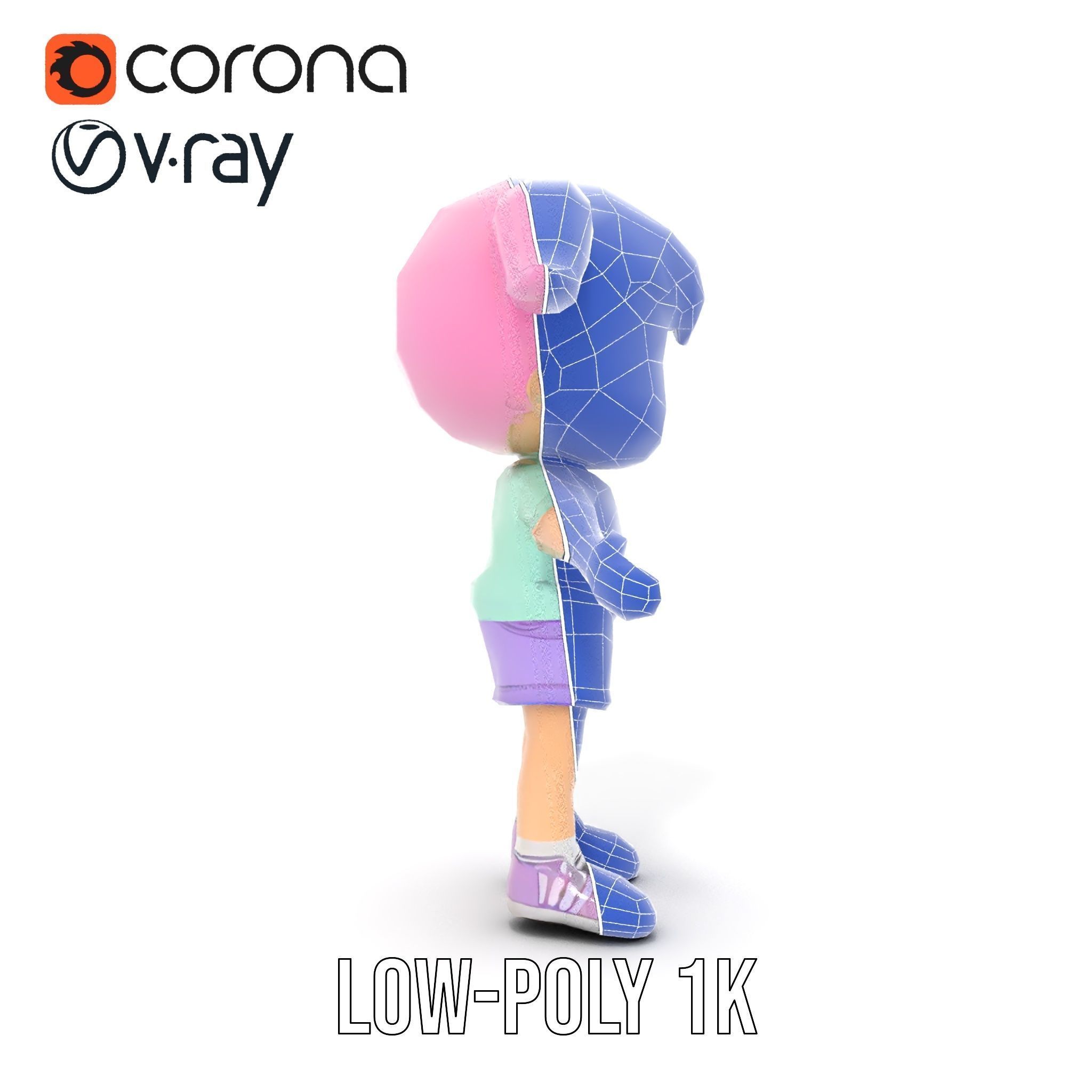 Cute PinkHaired Child Character Model Rigged and Animated Low-poly 3D model_31