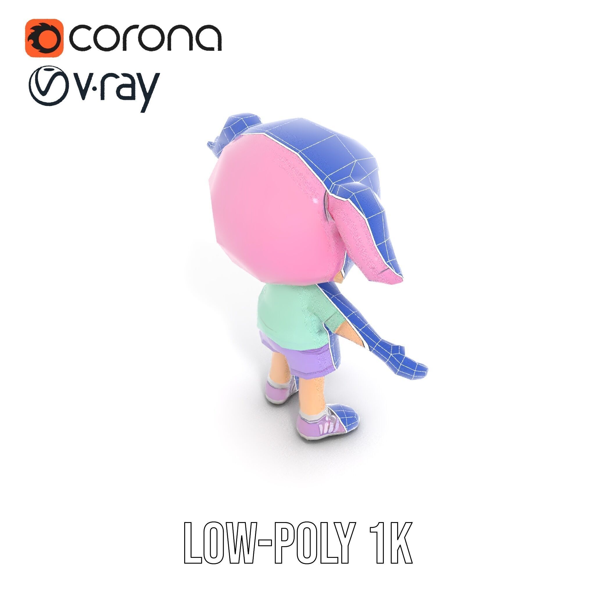 Cute PinkHaired Child Character Model Rigged and Animated Low-poly 3D model_17