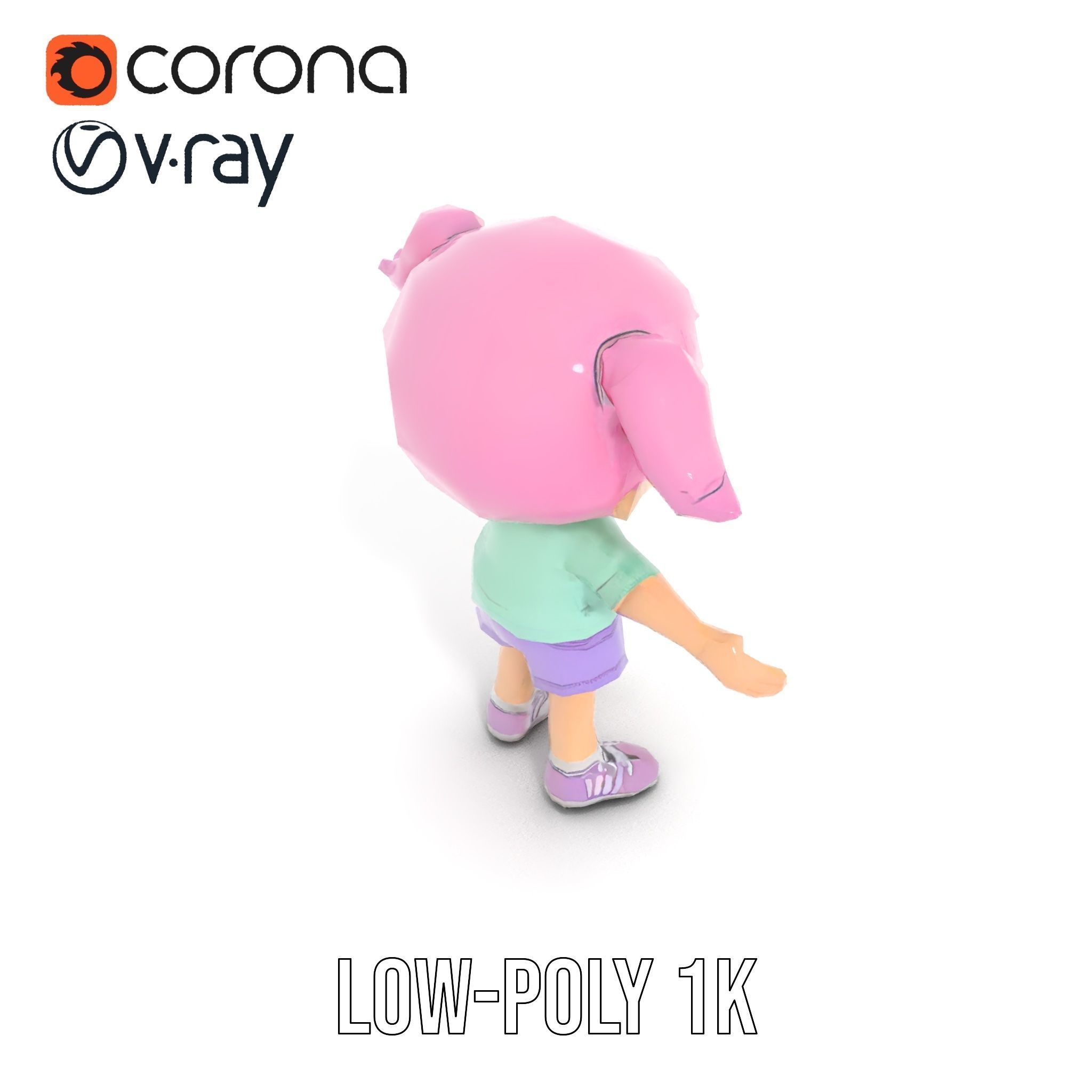 Cute PinkHaired Child Character Model Rigged and Animated Low-poly 3D model_14