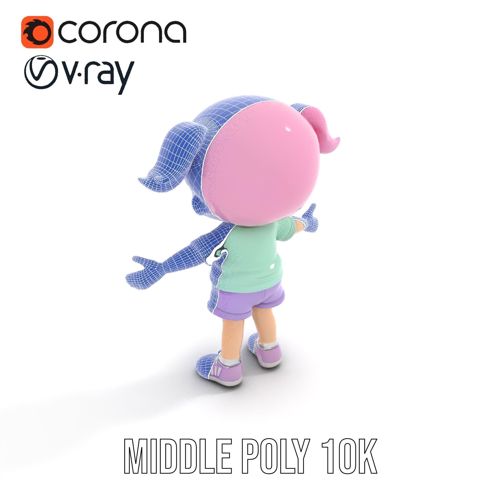 Cute PinkHaired Child Character Model Rigged and Animated Low-poly 3D model_27