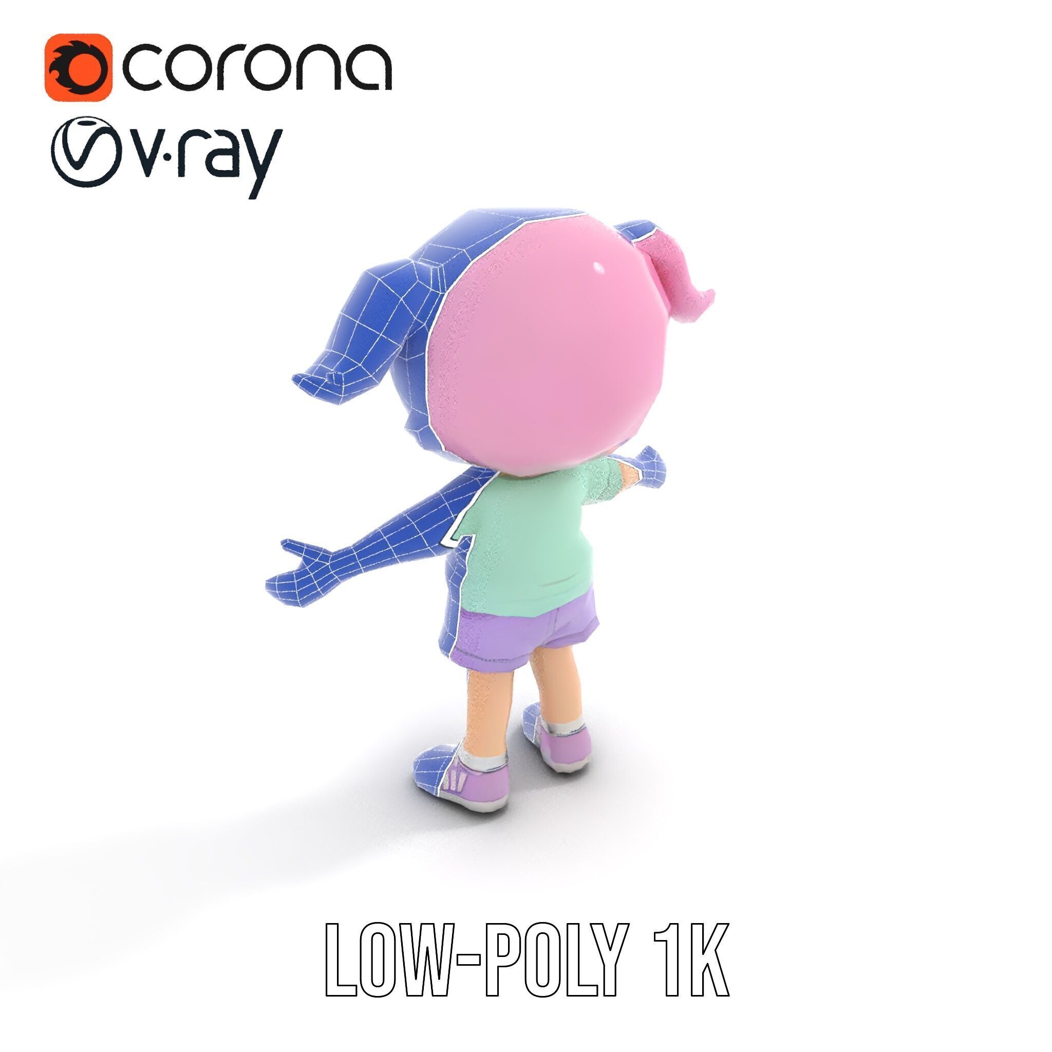 Cute PinkHaired Child Character Model Rigged and Animated Low-poly 3D model_11