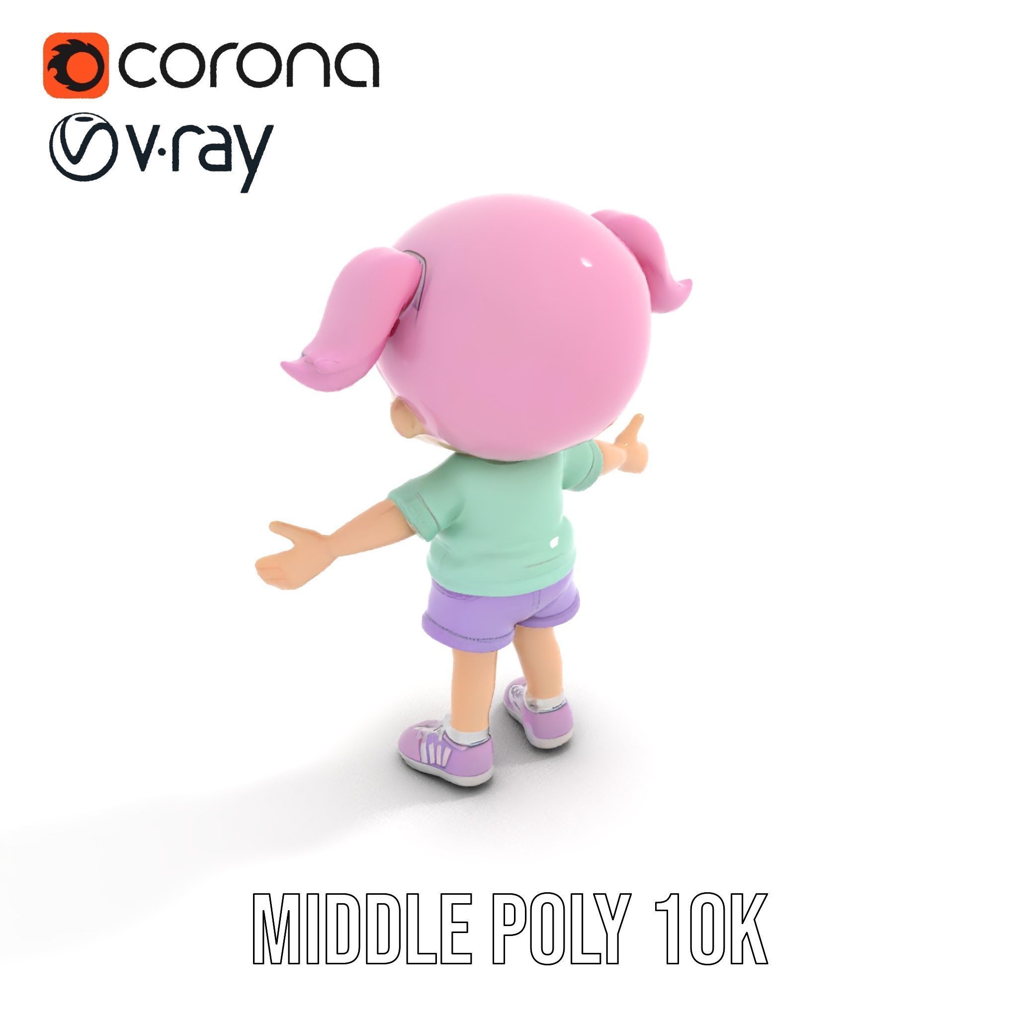 Cute PinkHaired Child Character Model Rigged and Animated Low-poly 3D model_10