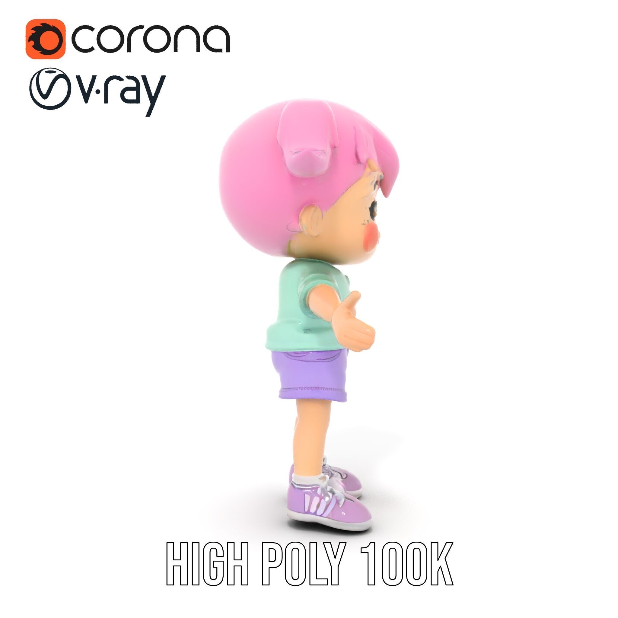 Cute PinkHaired Child Character Model Rigged and Animated Low-poly 3D model_18