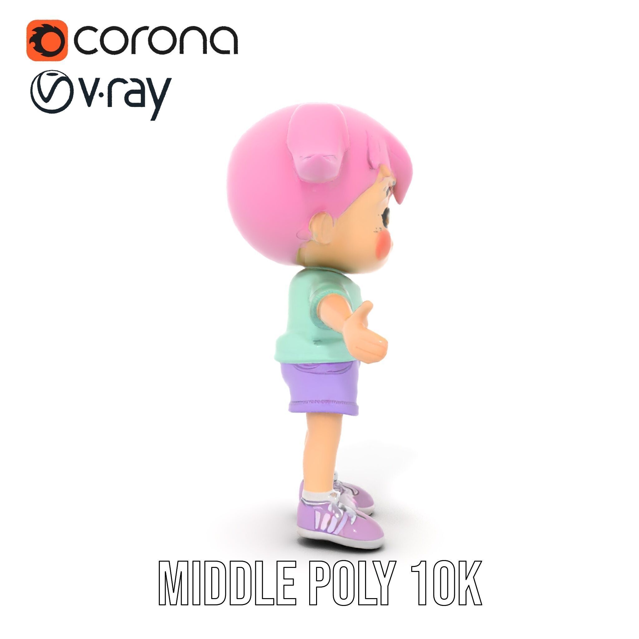 Cute PinkHaired Child Character Model Rigged and Animated Low-poly 3D model_30