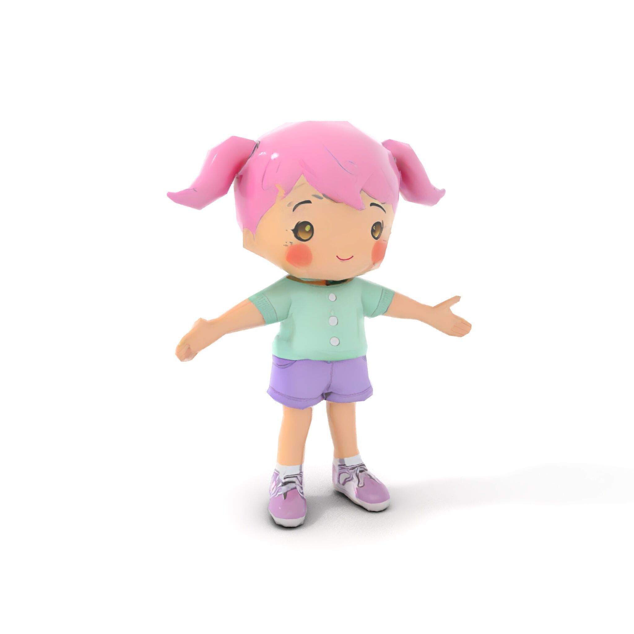 Cute PinkHaired Child Character Model Rigged and Animated Low-poly 3D model_8