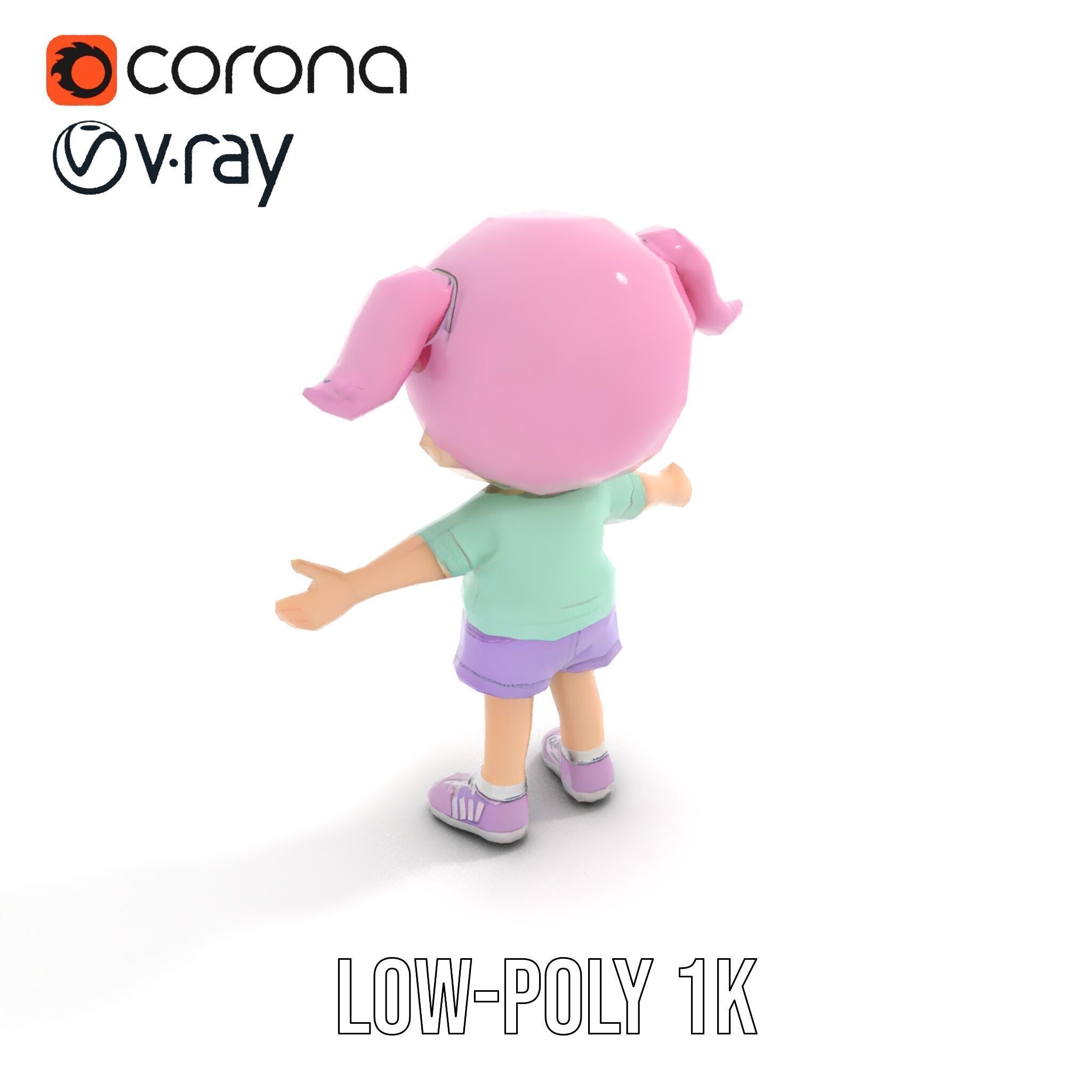 Cute PinkHaired Child Character Model Rigged and Animated Low-poly 3D model_7