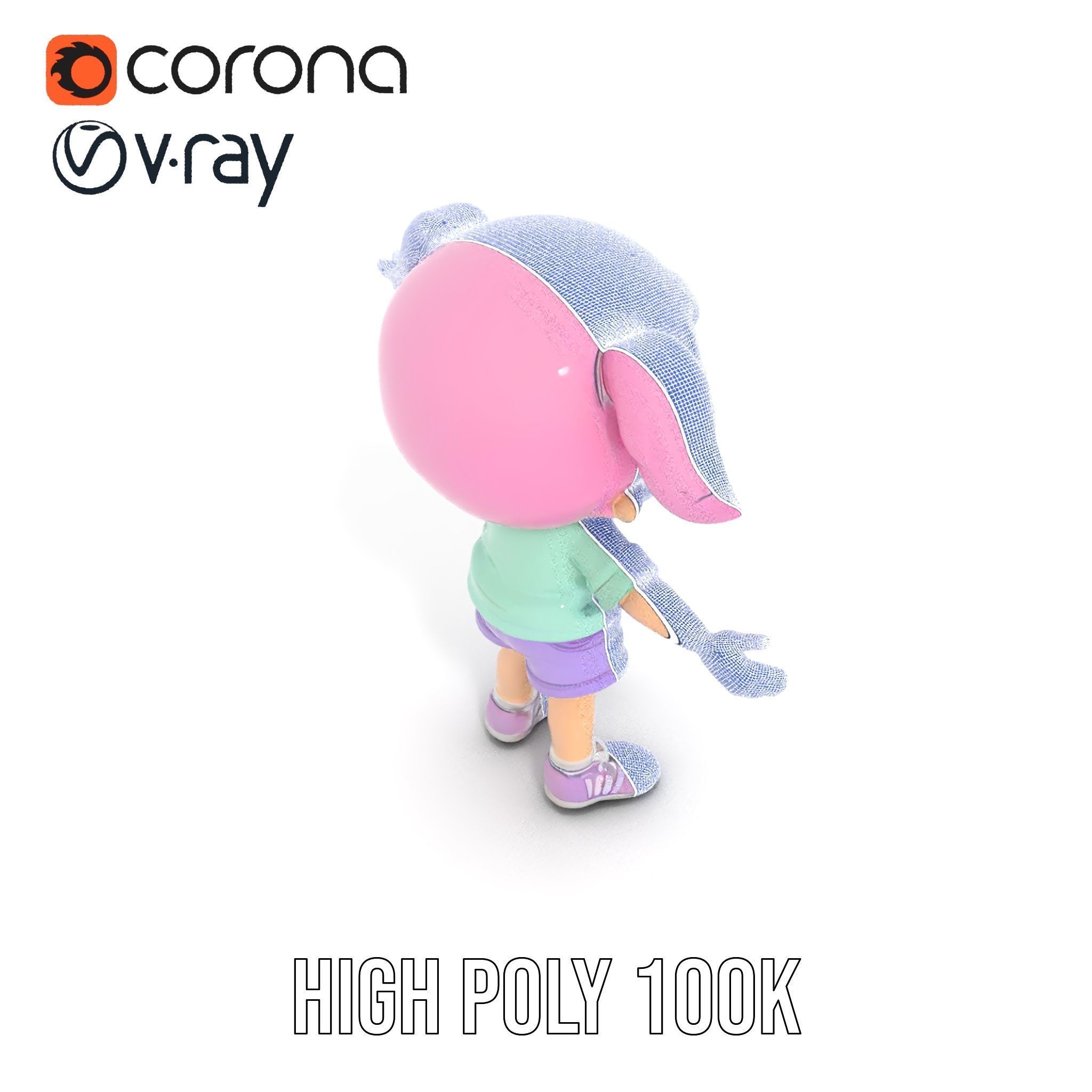 Cute PinkHaired Child Character Model Rigged and Animated Low-poly 3D model_26