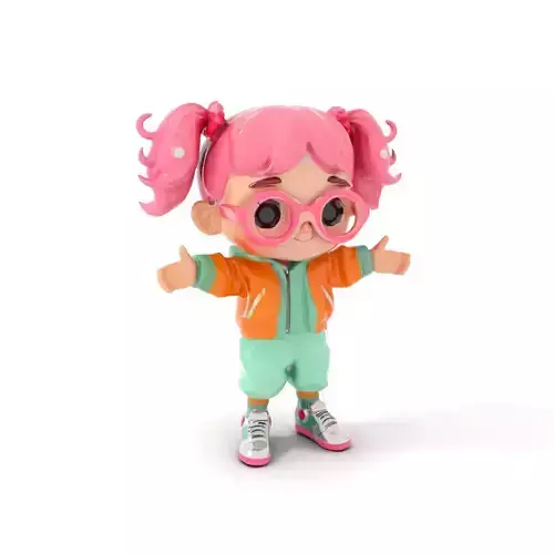 Pinkhaired Rigged and Animated Cute Child Character Model with Glasses