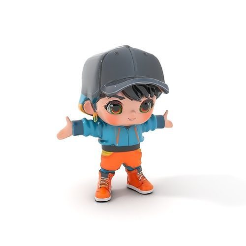 Chibi Character with Cap in Streetwear Rigged and Animated Low-poly 3D model