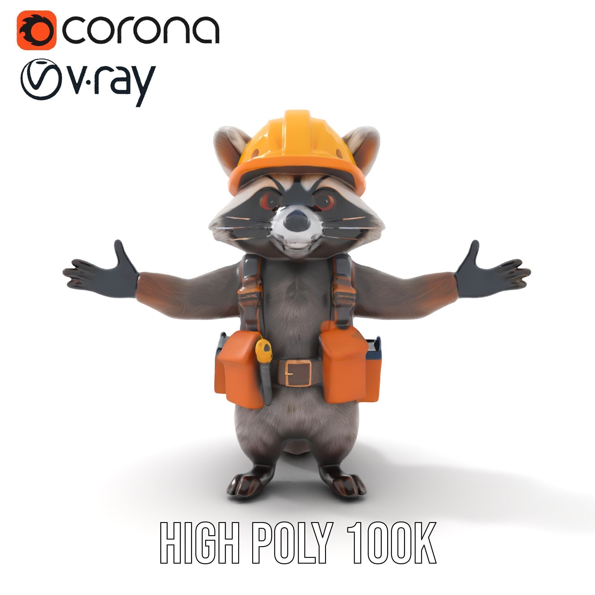 Rigged and Animated Raccoon Construction Worker D Character M... Low-poly 3D model_18