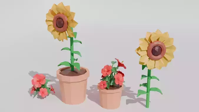 Lowpoly Flowers hibiscus and sunflower