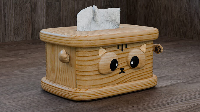 Cat Wooden Tissue Box Low-poly 3D model