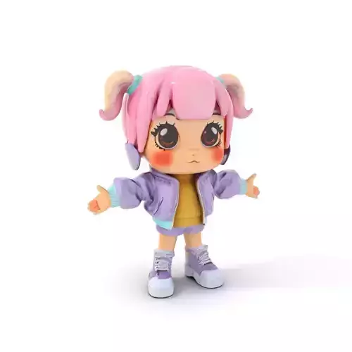 Chibi PinkHaired Girl Character Rigged and Animated Low-poly 3D model