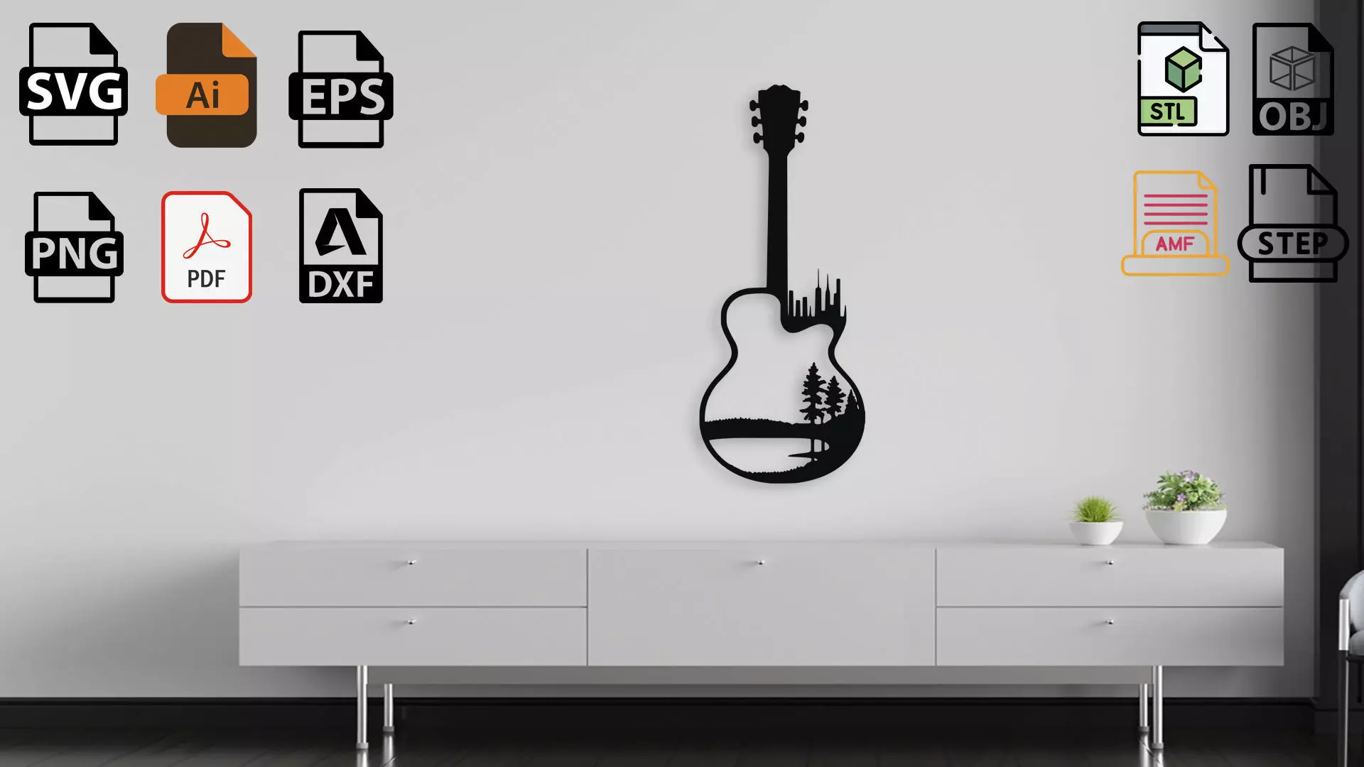 Guitar with City and Nature Scene Wall Decor 3D print model