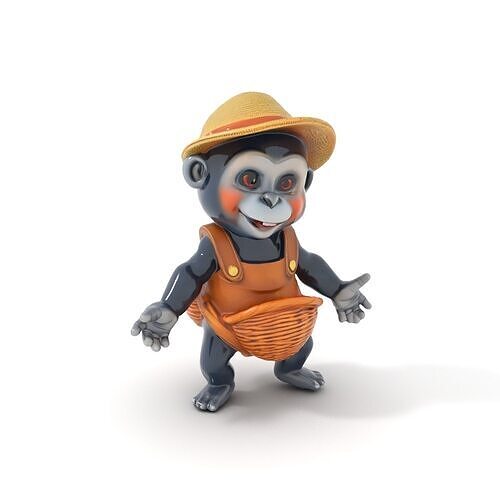 Smiling Young Gorilla Wearing Straw Hat Rigged and Animated Low-poly 3D model