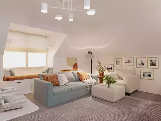 Luxury Attic Lounge  Modern Living Study Area 3D Interior Model