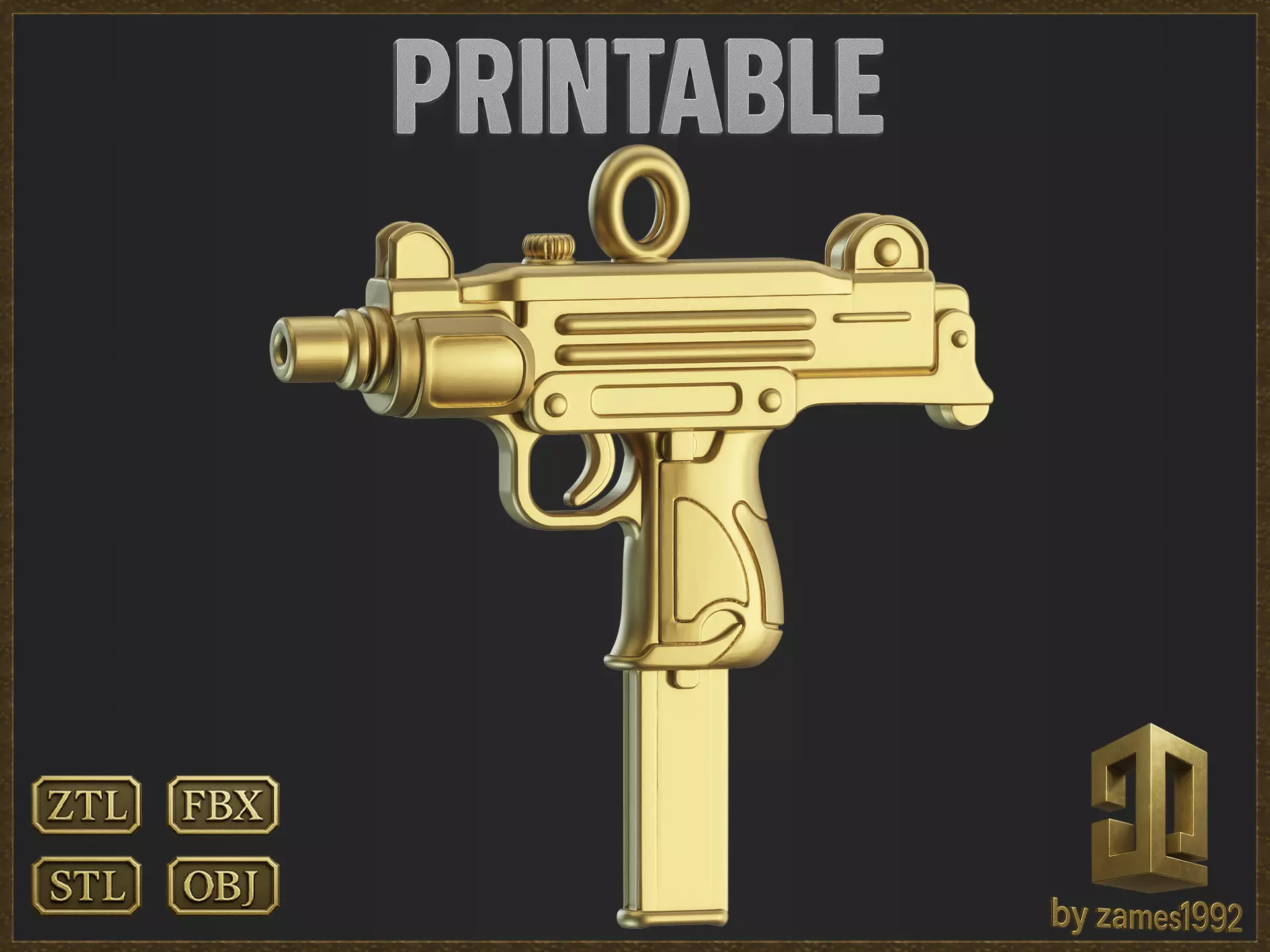Golden Ornamental UZI 3D Model 3D print model_0