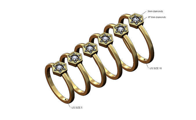 Hexagonal cluster wedding engagement diamond ring US 5to10 3D print model