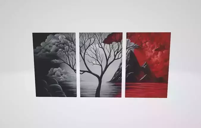 Panels Cloud Tree Oil Painting Landscape Canvas Wall Art Low-poly 3D model