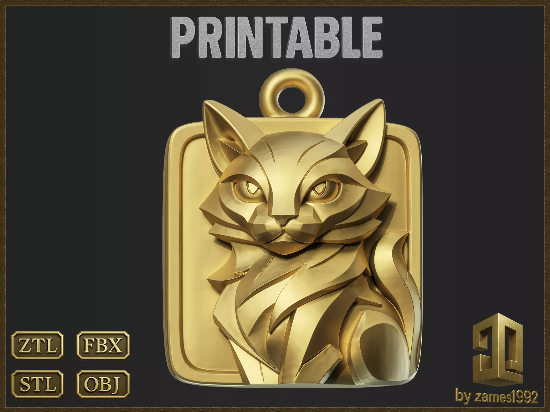 Geometric Cat Pendant 3D print model_0