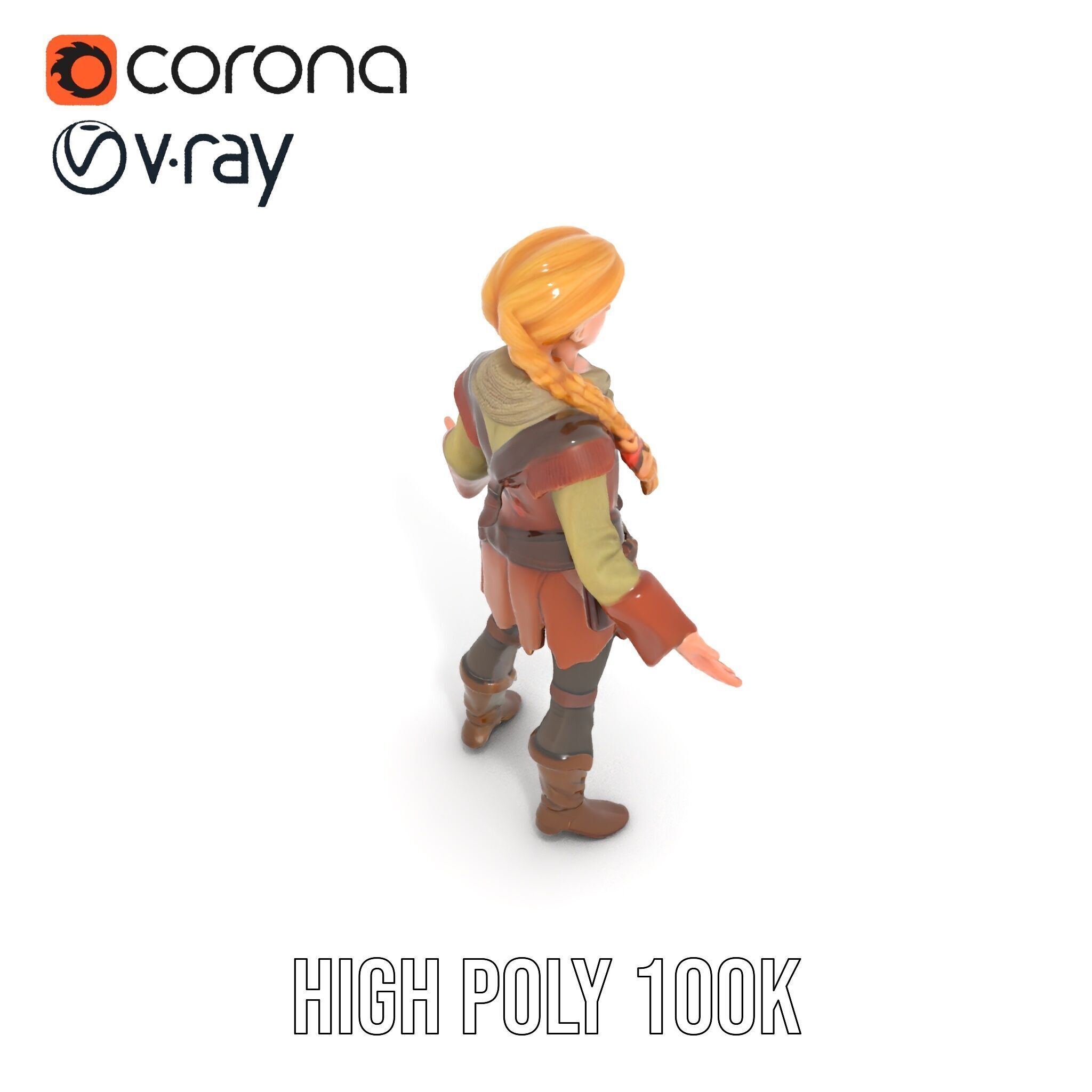 Medieval Adventurer Female Character Rigged and Animated Low-poly 3D model_28