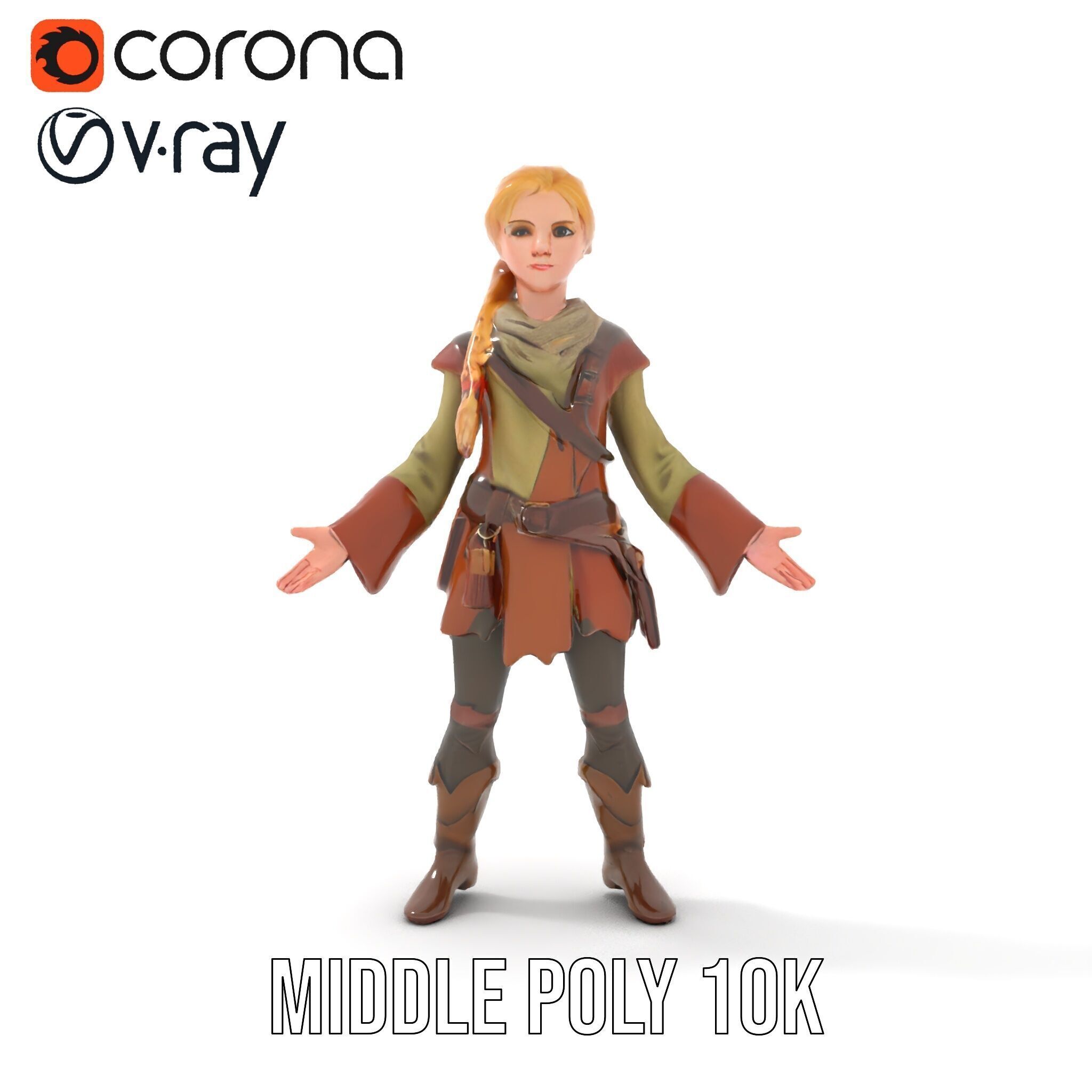 Medieval Adventurer Female Character Rigged and Animated Low-poly 3D model_29