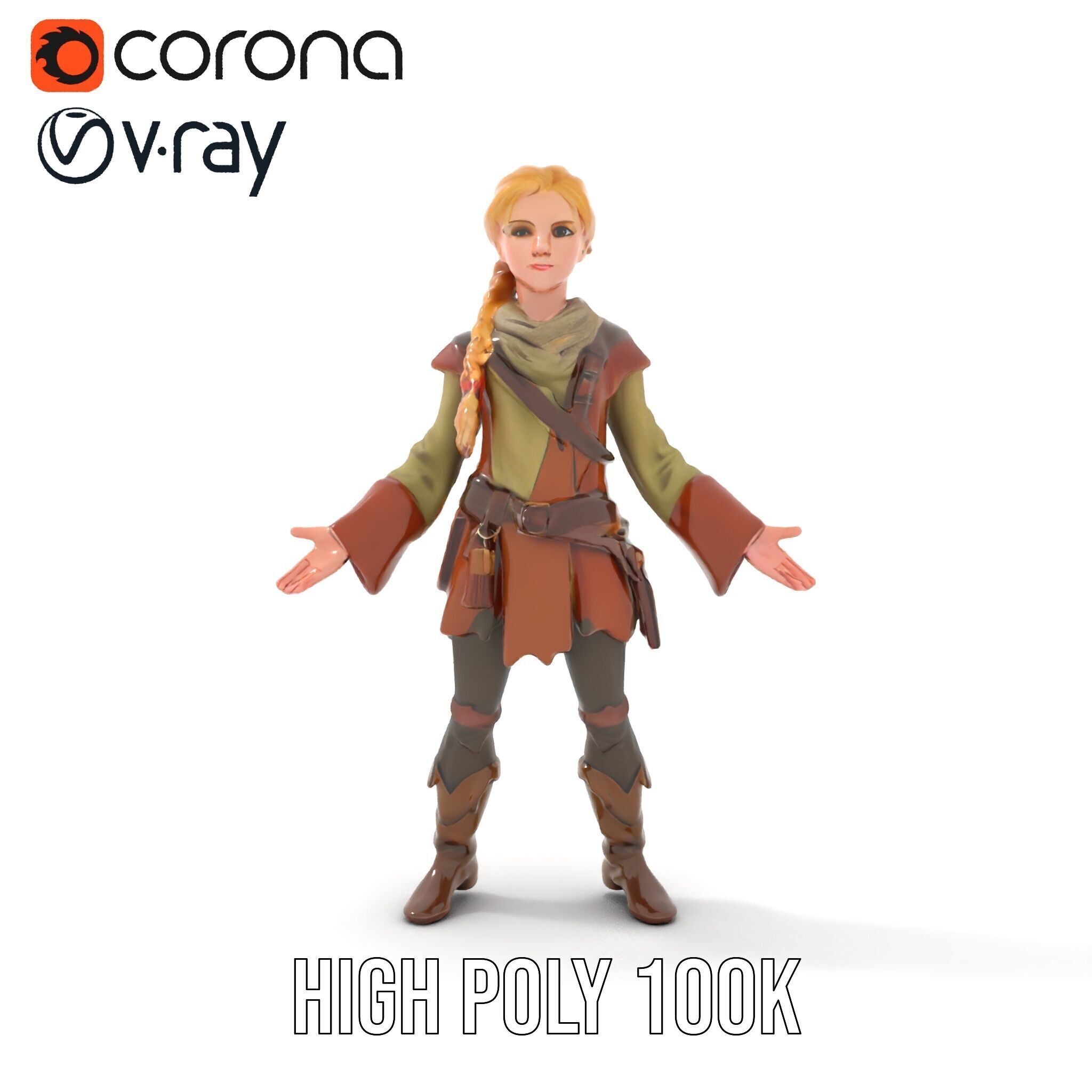 Medieval Adventurer Female Character Rigged and Animated Low-poly 3D model_20