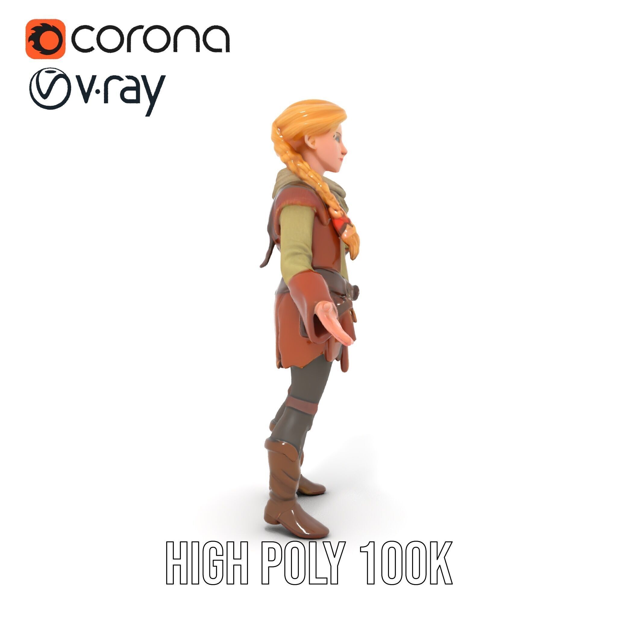 Medieval Adventurer Female Character Rigged and Animated Low-poly 3D model_31