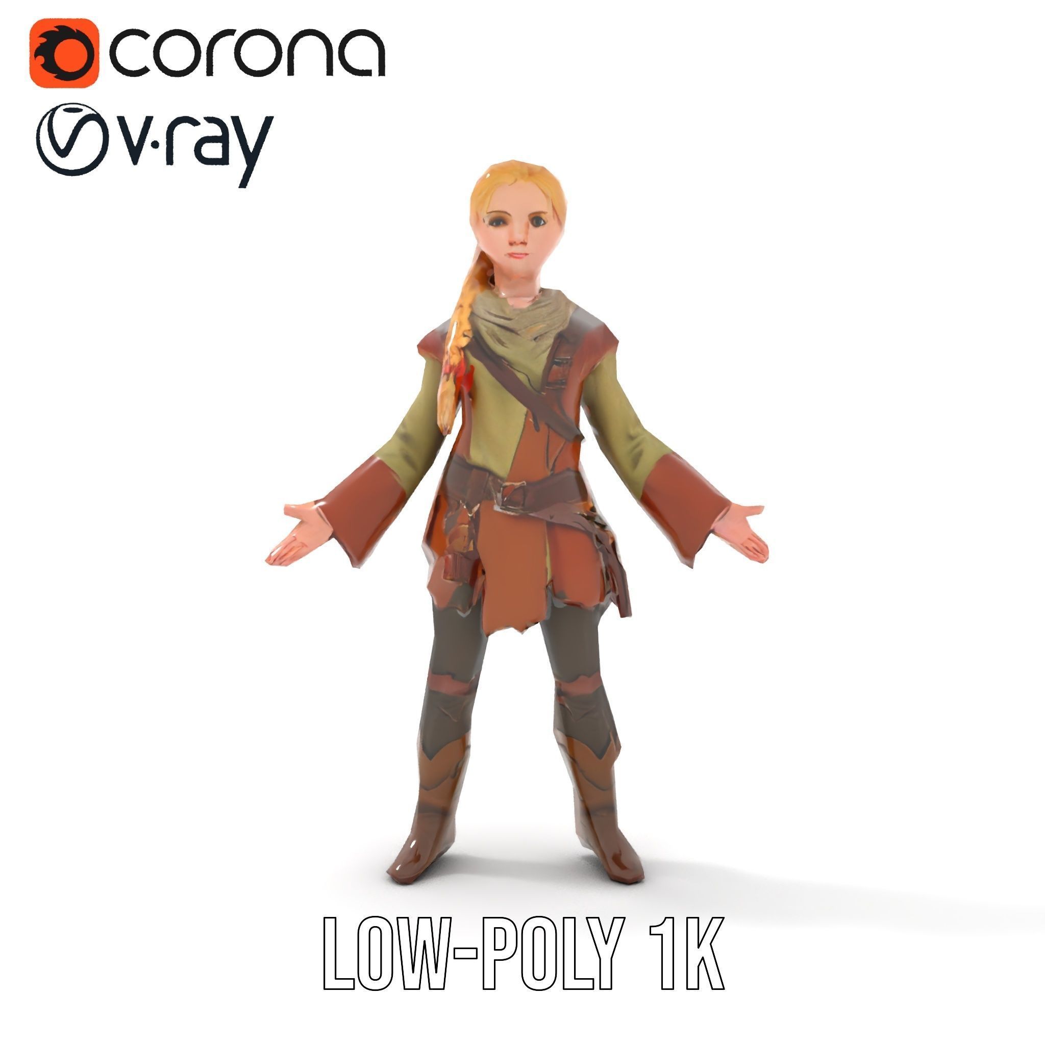 Medieval Adventurer Female Character Rigged and Animated Low-poly 3D model_13