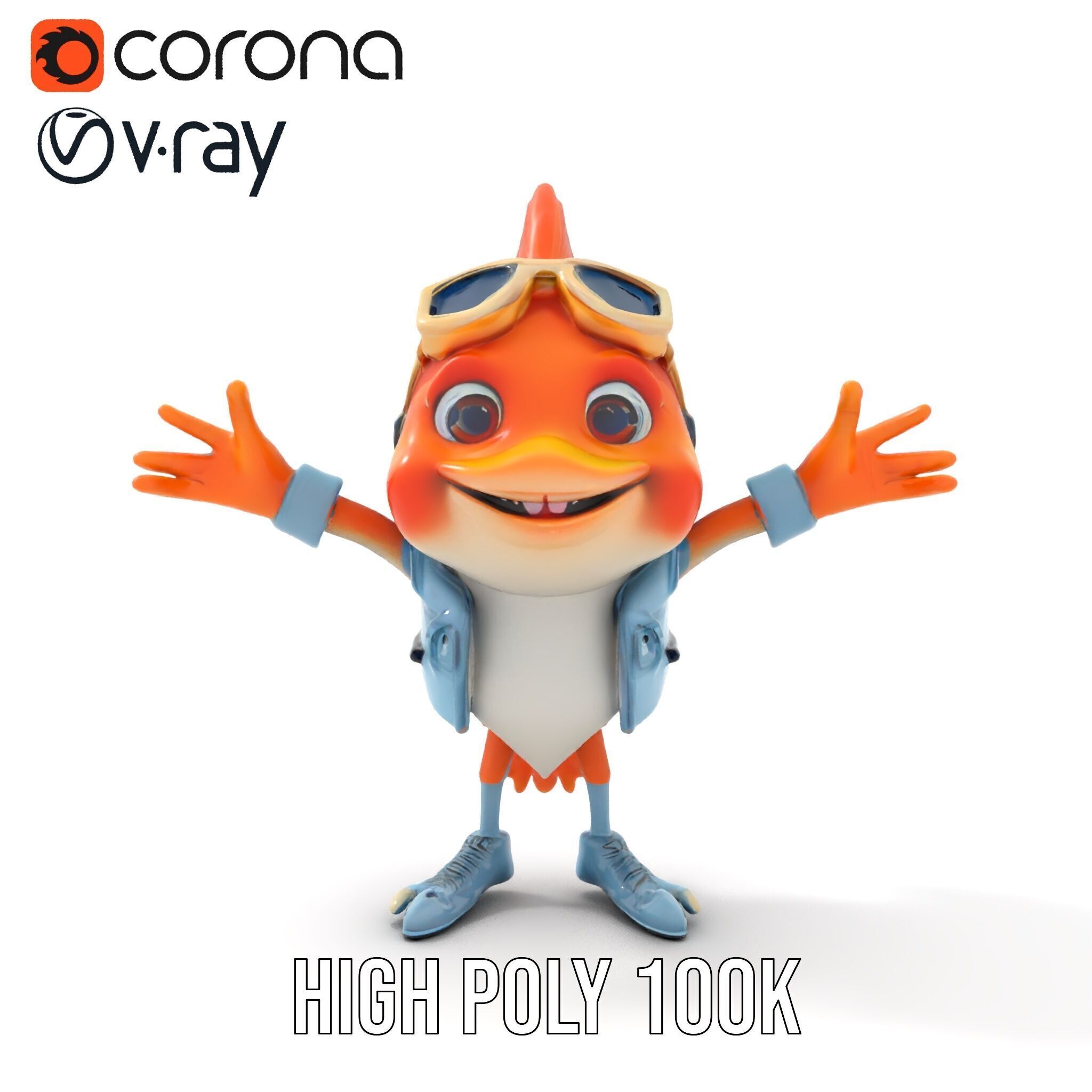 Cheerful Orange Bird Character Rigged and Animated Low-poly 3D model_11