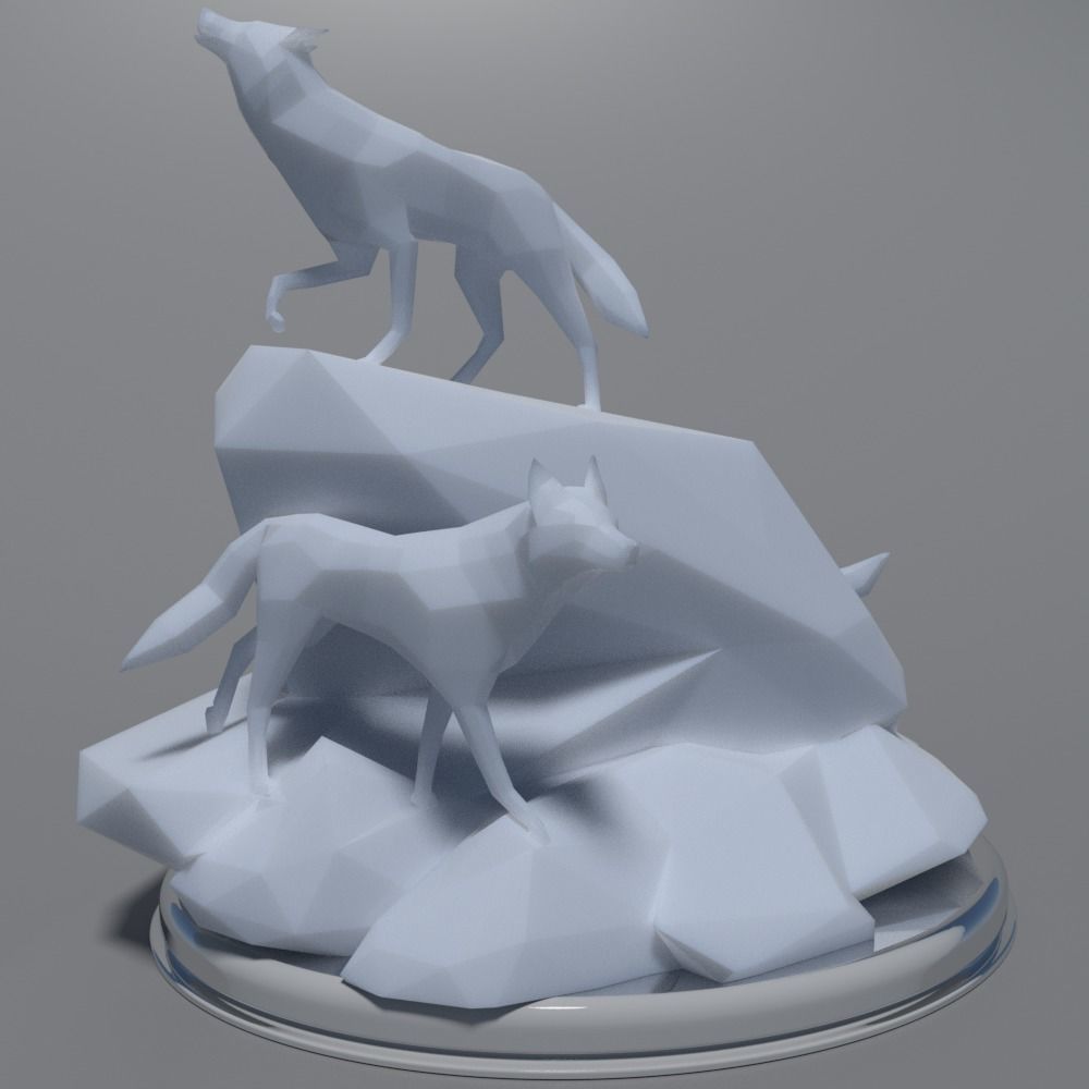Low Poly Wolves 3D Print wolf on rock 3D print model_0