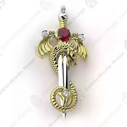 Dragon on sword pendant with oval gemstone 001 3D print model